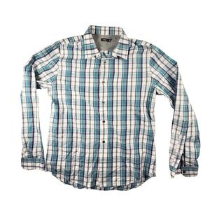 Vince Button Down Shirt Mens Large Teal Navy White Plaid Excellent Long Sleeve